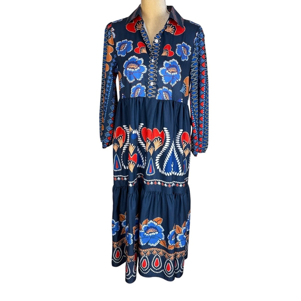 Sunday Up Dress Womens Size Medium Blue Red Bohemian Maxi Tiered Floral Collar - Picture 3 of 10